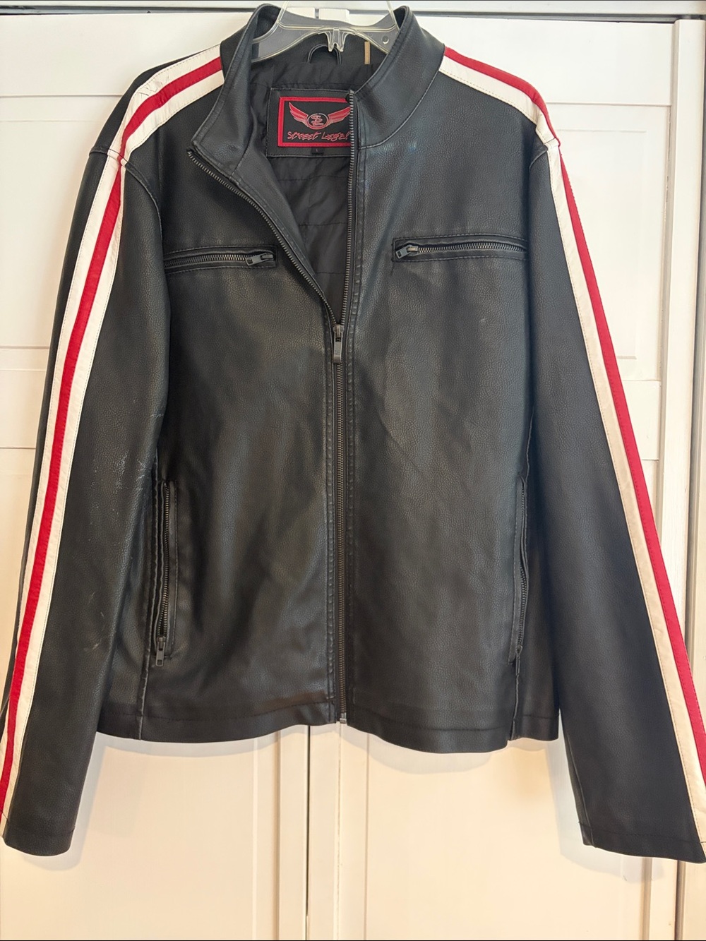 Men's Black Leather Bomber Jacket with Red & White Racing Stripes